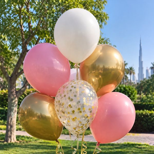 Bouquet of pink, gold, white and confetti helium balloons