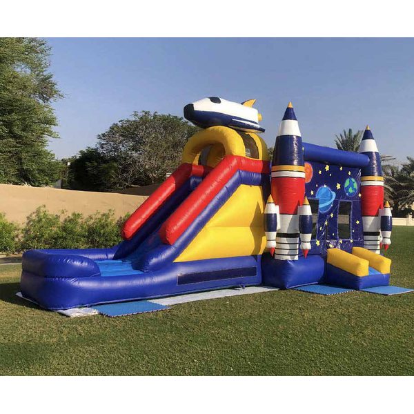 Space-themed bouncy castle with rockets and a slide