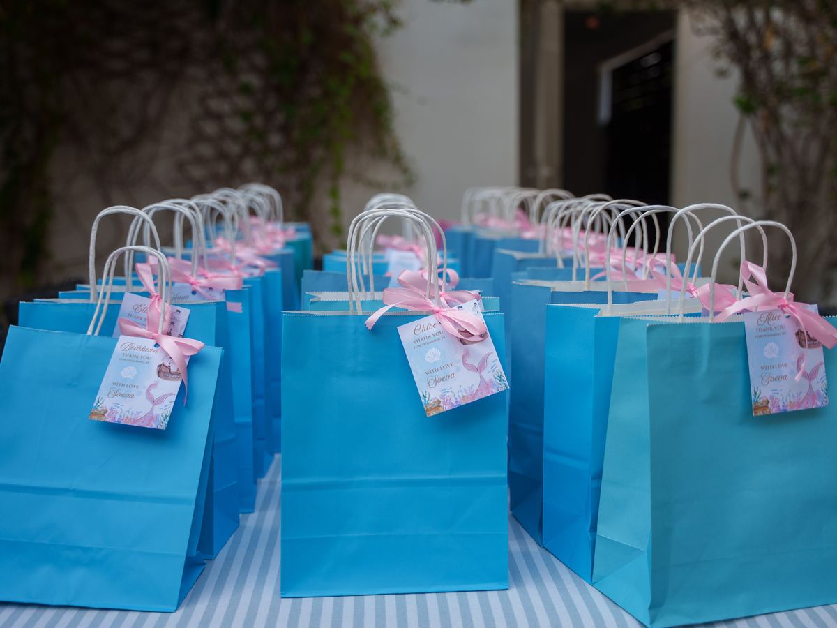 Themed party favour bags ready for guests at a La Folie kids birthday in Dubai