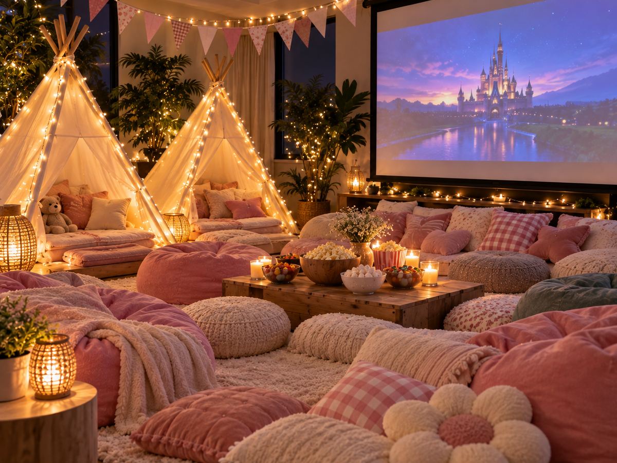 Pyjama Party Game Kit: teepees, cushions, fairy lights and cosy cinema corner set up by La Folie in Dubai