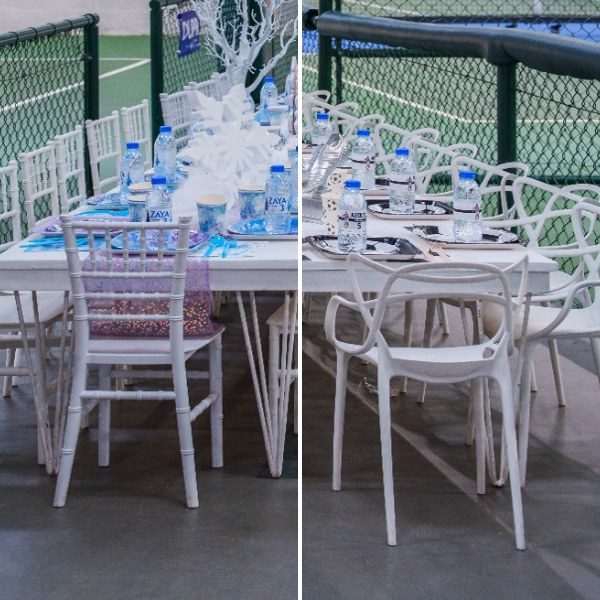 Kids party tables with two chair styles, Tiffany and designer chairs